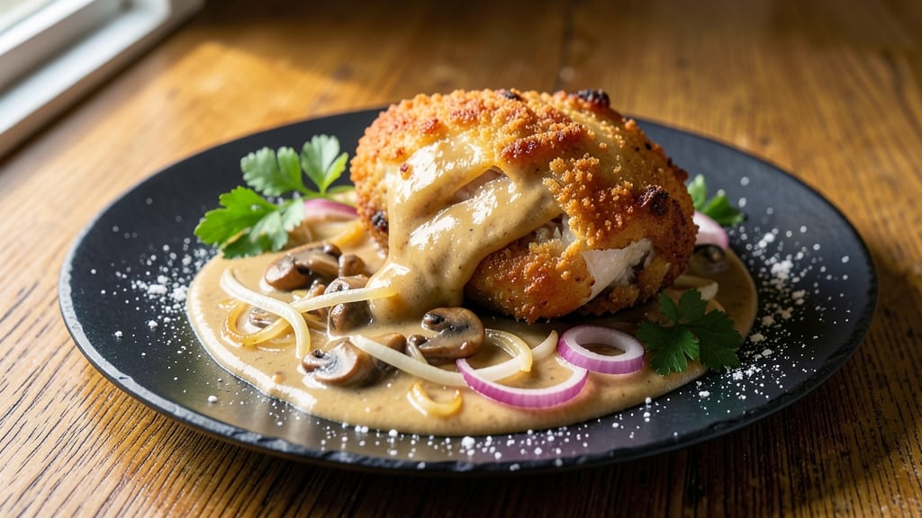 Chester's Famous Chicken Recipe: Crispy Fried Onion Crown Over Creamy Mushroom Gravy