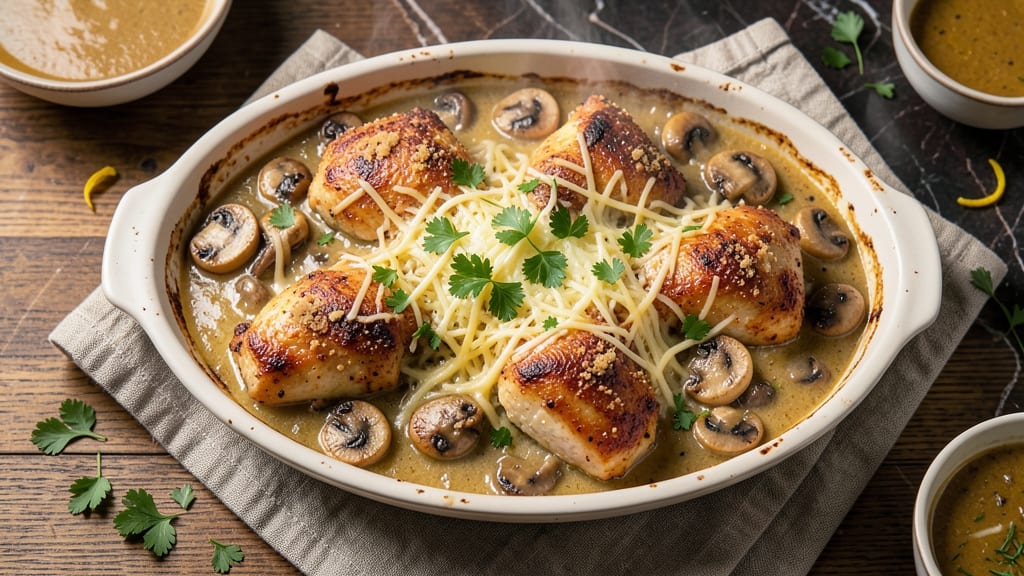 Baked Chicken and Mushroom Casserole Recipe: Crispy Top, Melty Cheese Layers