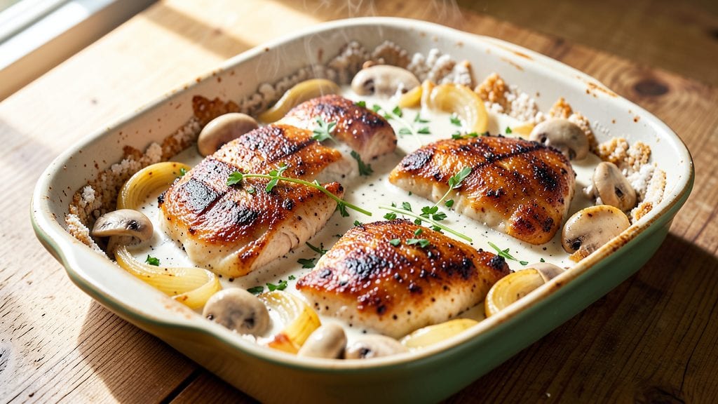 Grandma's Chicken Bake Recipe: Crispy Onion Crown Over Mushroom Cream