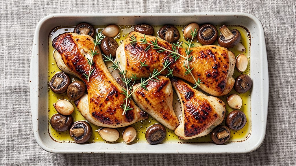 Jamie Oliver's Chicken and Mushroom Tray Bake Recipe: One-Pan Comfort With Caramelized Mushrooms